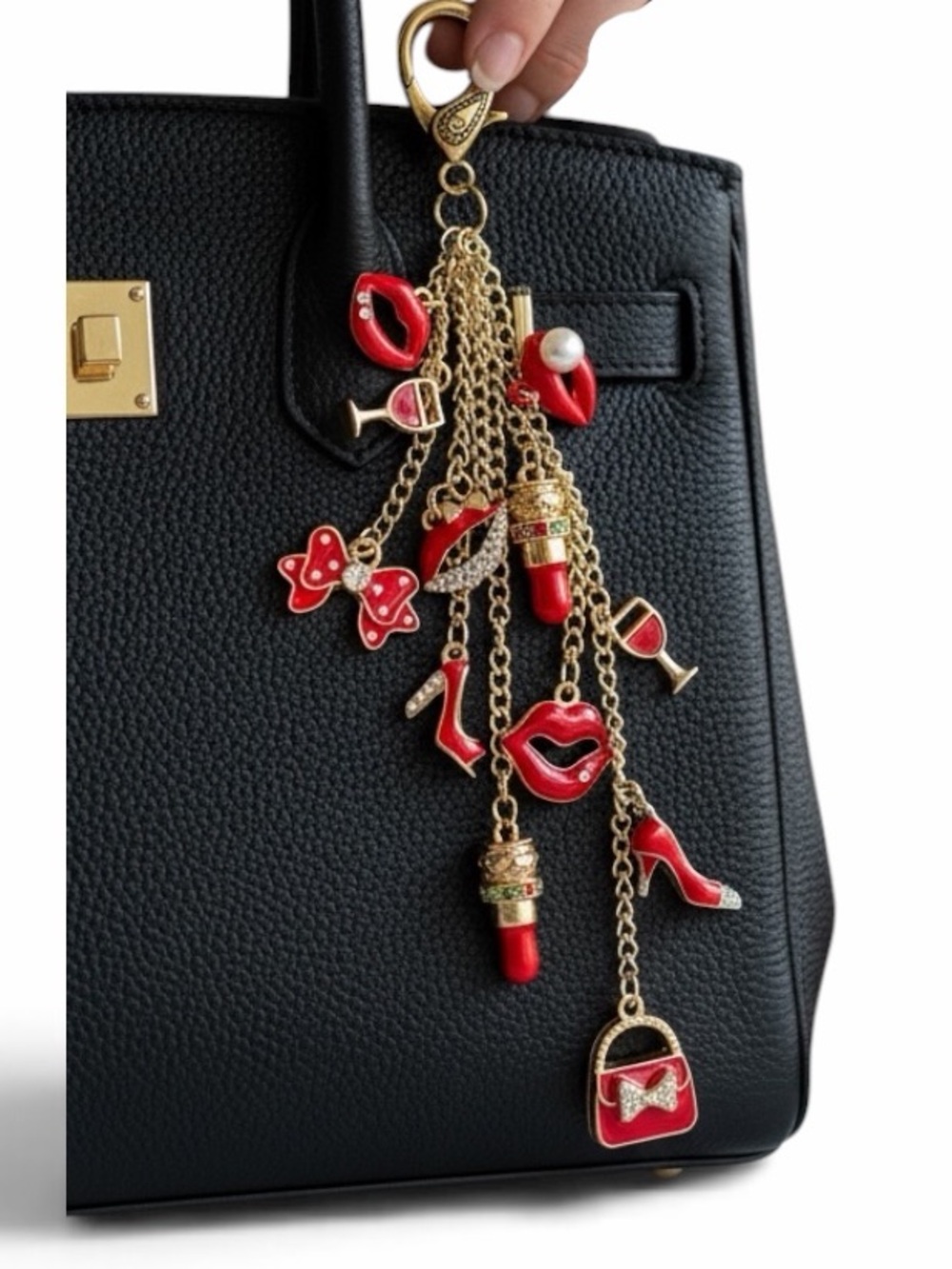 HAND CRAFTED RED & GOLD CHARM KEYCHAIN BAG ACCESSORY Bags Lips Heels & Wine
